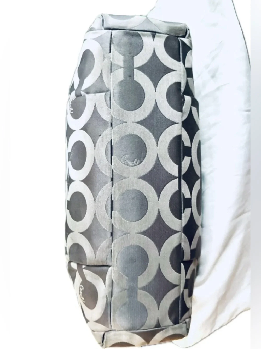 Coach Madison Op Art Kara Carryall Handbag 2012 Silver & Grey w 2-Hangtags - GUC